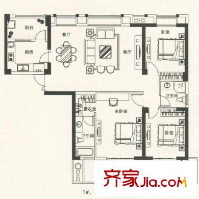 世歐瀾山戶型圖1、2、3#樓01單元裝修示意圖 3室2廳2衛(wèi)1廚