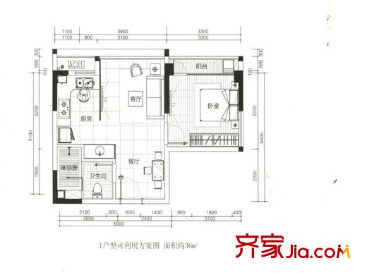 龍江云山墅1戶型圖 1室1廳1衛(wèi)