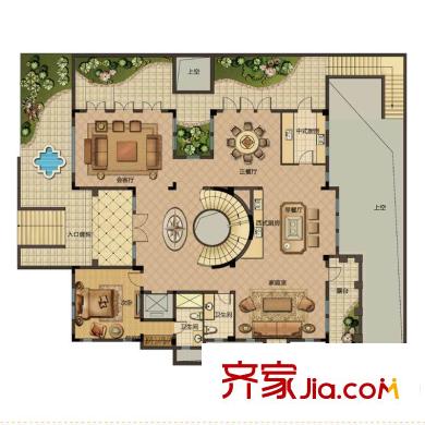 融僑?觀山府A2戶型一層戶型圖 2室3廳2衛(wèi)1廚