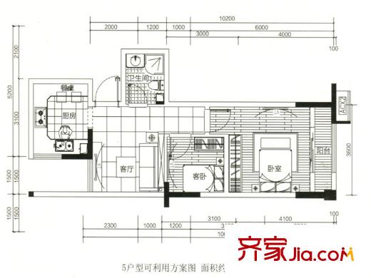 龍江云山墅5戶型圖 2室2廳1衛(wèi)