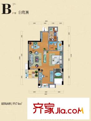 融匯溫泉城3/6/8/11/15-22/29/30號樓B戶型 2室2廳1衛(wèi)1廚
