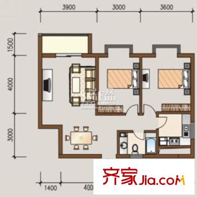 御景名門戶型圖一期2E戶型 2室2廳1衛(wèi)