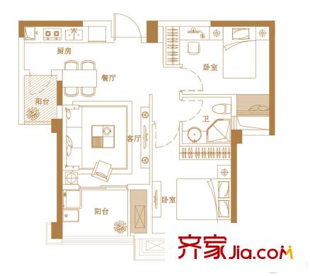 融信雙杭城A戶型正面70平方米 2室2廳2衛(wèi)1廚