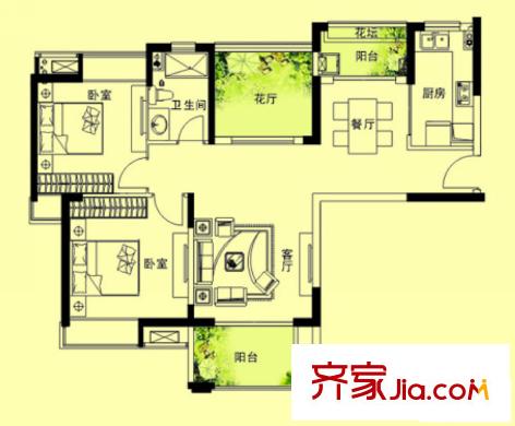 七里香苑戶型圖一期B1戶型 2室2廳1衛(wèi)