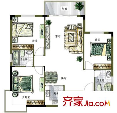 香樟水岸國信馨園戶型圖3室2廳 3室2廳