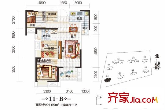 中國鐵建梧桐苑二期11號樓B戶型 3室2廳1衛(wèi)1廚