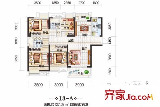 中國鐵建梧桐苑13號樓A戶型 4室2廳2衛(wèi)1廚