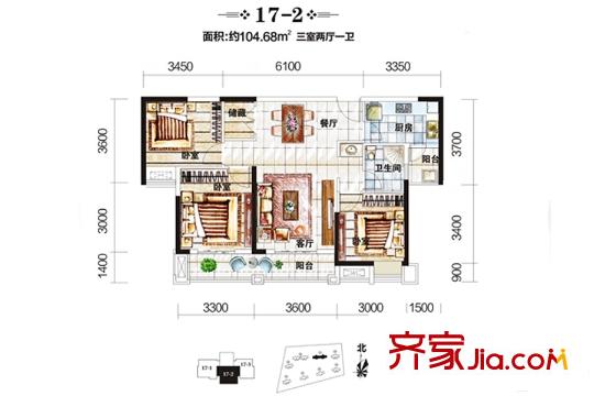 中國鐵建梧桐苑17號樓17-2戶型 3室2廳1衛(wèi)1廚