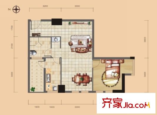 金地華公館1號(hào)樓A-1戶型 1室2廳1衛(wèi)1廚