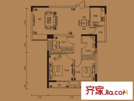 平方米房翰林瓏城3號(hào)樓C9戶型 2室2廳1衛(wèi)1廚