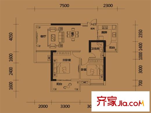 平方米房翰林瓏城2#B4戶型 2室2廳1衛(wèi)1廚