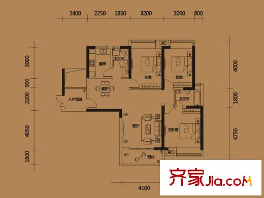 平方米房翰林瓏城2#樓B1戶型 3室2廳2衛(wèi)1廚