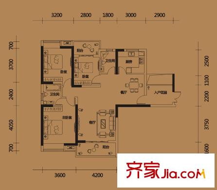 平方米房翰林瓏城2#樓B1a戶型 3室2廳2衛(wèi)1廚
