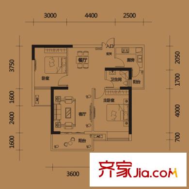 平方米房翰林瓏城2#樓B3戶型 2室2廳1衛(wèi)1廚