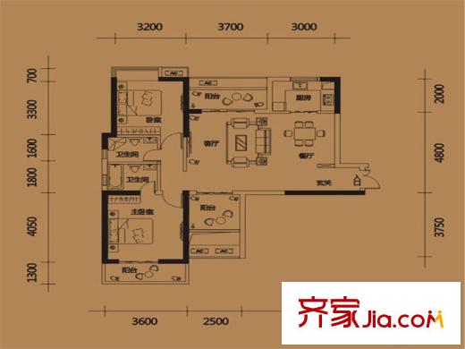 平方米房翰林瓏城2#B2戶型 2室2廳1衛(wèi)1廚