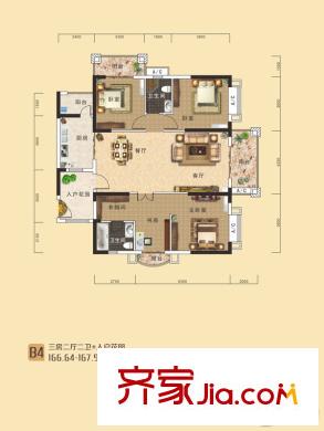 南國(guó)明珠四期東岸2、3號(hào)樓建筑面積166平方米B4戶(hù)型 3室2廳2衛(wèi)1廚