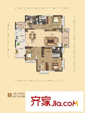 南國(guó)明珠四期東岸5、6、7號(hào)樓建筑面積207平方米C1戶(hù)型 3室2廳4衛(wèi)1廚