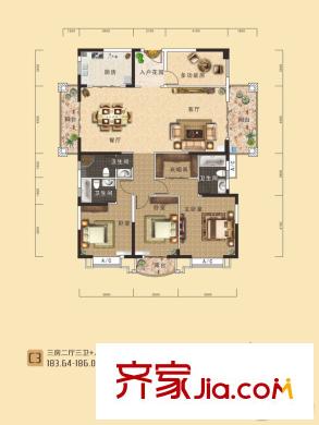 南國(guó)明珠四期東岸5、6、7號(hào)樓建筑面積183平方米C3戶(hù)型 3室2廳3衛(wèi)1廚