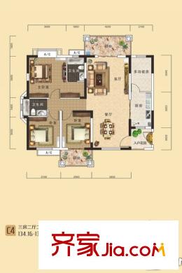 南國明珠四期東岸1號樓建筑面積134平方米C4戶型 3室2廳2衛(wèi)1廚