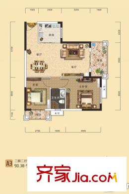 南國(guó)明珠四期東岸1號(hào)樓建筑面積90平方米A3戶(hù)型 2室2廳1衛(wèi)1廚