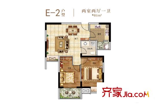 金地天悅B7號(hào)樓E-2戶型 2室2廳1衛(wèi)1廚
