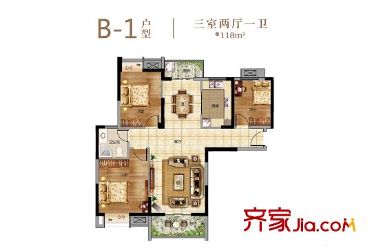金地天悅B3號(hào)樓B-1戶型 3室2廳1衛(wèi)1廚