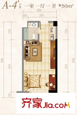 金地天悅B1號樓A-4'戶型 1室1廳1衛(wèi)1廚