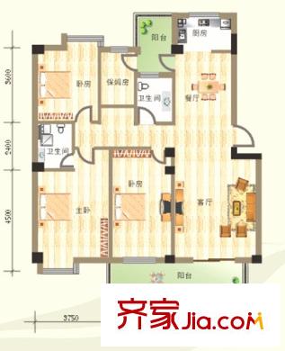 夢(mèng)湖水岸別墅戶(hù)型圖D 3室2廳