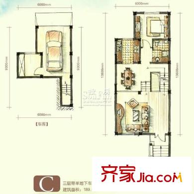 聽濤觀海別墅戶型圖C區(qū)1棟C1一層和車庫戶型 1室2廳