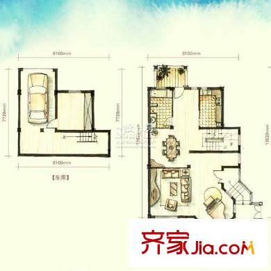 聽濤觀海別墅戶型圖B區(qū)2棟B2一層及地下室戶型 2室