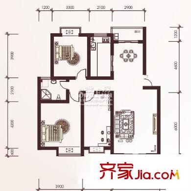 龍城華庭戶型圖瀚華園E2戶型 3室2廳1衛(wèi)1廚