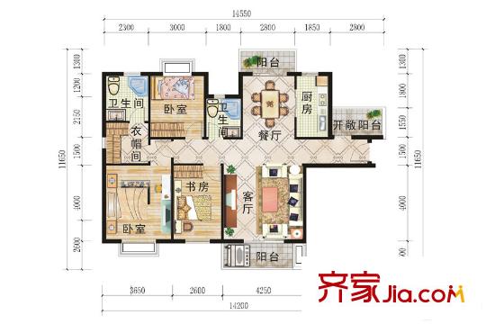 華鼎麗都國際7號樓B2戶型137平米 3室2廳2衛(wèi)1廚