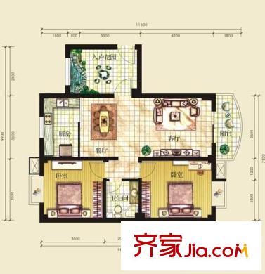 白金公館戶型圖一期B戶型 2室2廳1衛(wèi)