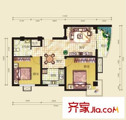 白金公館戶型圖一期C1戶型 2室2廳1衛(wèi)