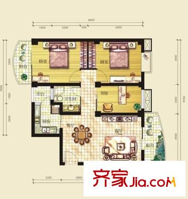 白金公館戶型圖一期E2戶型 3室2廳1衛(wèi)