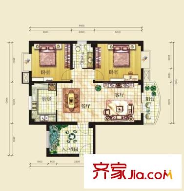 白金公館戶型圖一期A1戶型 2室2廳1衛(wèi)