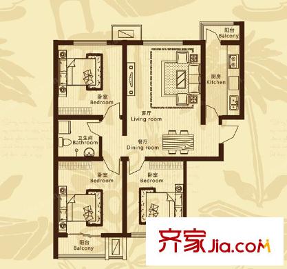新地盛世東方戶型圖三室二廳 戶型圖 3室2廳