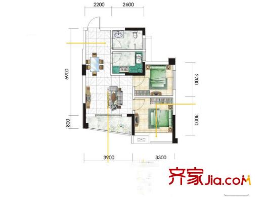 九坤秦南都匯戶型圖B2戶型 2室2廳1衛(wèi)1廚