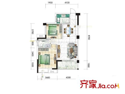 九坤秦南都匯戶型圖C3戶型 2室2廳1衛(wèi)1廚