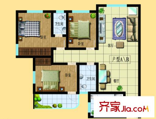 金色雅園四期戶型圖3室2廳 戶型圖 3室2廳2衛(wèi)1廚