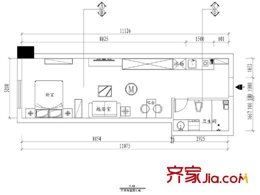 蘭陵大公館戶型圖1號樓精裝公寓M戶型 1室1廳1衛(wèi)1廚