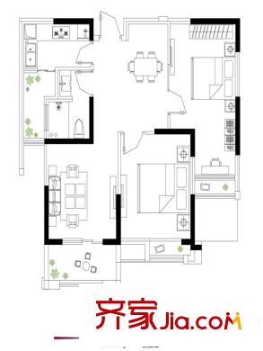 綠地中央廣場(chǎng)11#、12、14#E戶(hù)型 2室2廳1衛(wèi)1廚