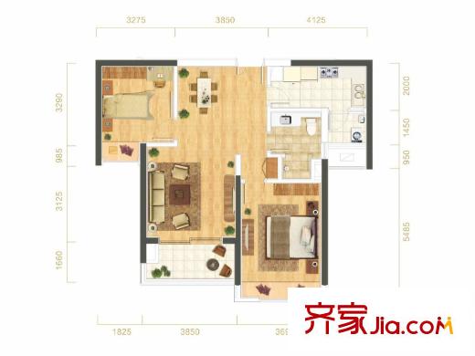 武漢天地御江平方米城戶型圖B13地塊A2戶型 2室2廳1衛(wèi)1廚