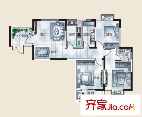 秦水名邸戶型圖一期21戶型 3室2廳1衛(wèi)