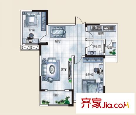 秦水名邸戶型圖一期41戶型 2室2廳1衛(wèi)