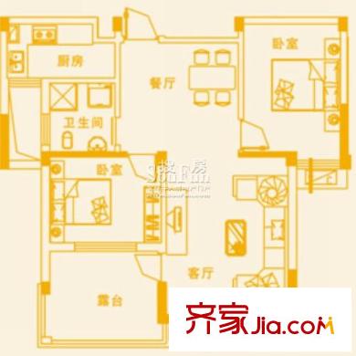 陽(yáng)邏城市廣場(chǎng)戶型圖3#樓B3戶型 2室2廳1衛(wèi)1廚