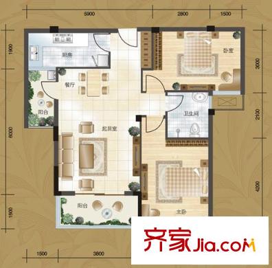 興華嘉天下戶(hù)型圖二期1號(hào)樓標(biāo)準(zhǔn)層B1戶(hù)型 2室2廳1衛(wèi)