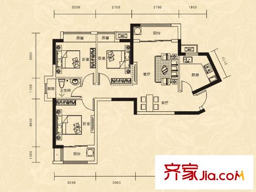 廣電蘭亭都薈戶型圖一單元01戶型 3室2廳1衛(wèi)1廚