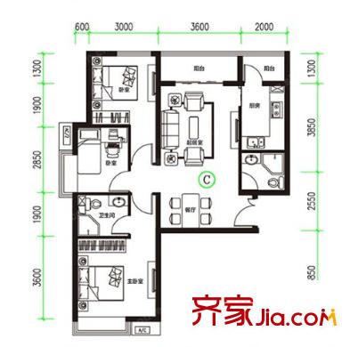 東方花城戶型圖三室二廳 戶型圖 3室2廳