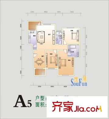東方花城戶型圖A5 3室2廳2衛(wèi)1廚